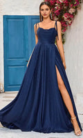 Navy Blue Glitter Evening Dresses with Spaghetti Straps Sweetheart Neckline and High Side Slit Perfect for Proms, Galas and Formal Occasions