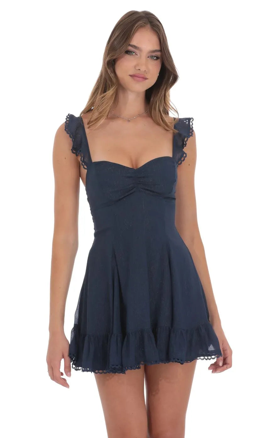 Navy Blue Homecoming Dress &nbsp;Ruffled Straps Sweetheart Neckline Flared Hem Perfect for Timelessly Chic School Dances Romantic Reunion Memories