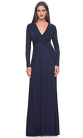 Navy Blue Long Sleeve Evening Dress with Deep V - Neckline Waist Cinching Twist Detail and Flowy Maxi Skirt for Elegant Occasions