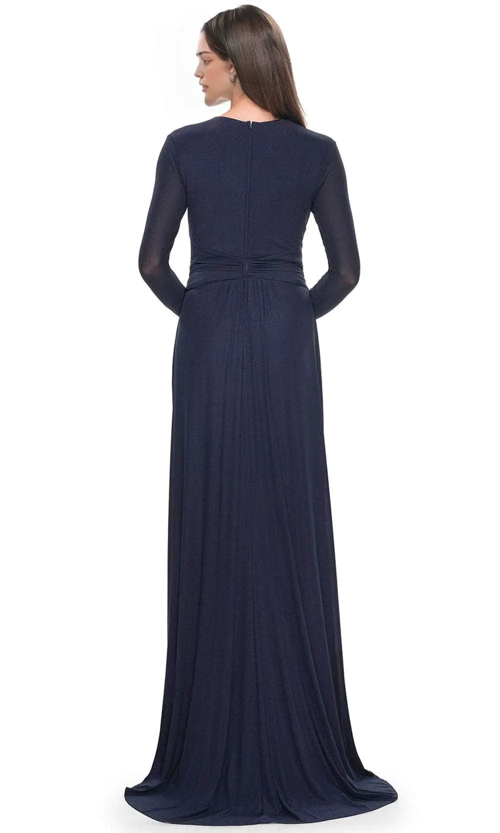 Navy Blue Long Sleeve Evening Dress with Deep V - Neckline Waist Cinching Twist Detail and Flowy Maxi Skirt for Elegant Occasions