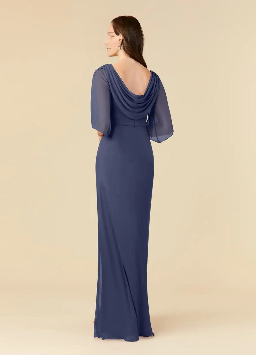 Navy Blue Mother of the Bride Dress with Sheer Flutter Sleeves Ruched Bodice Floral Embellishments and Mermaid Silhouette