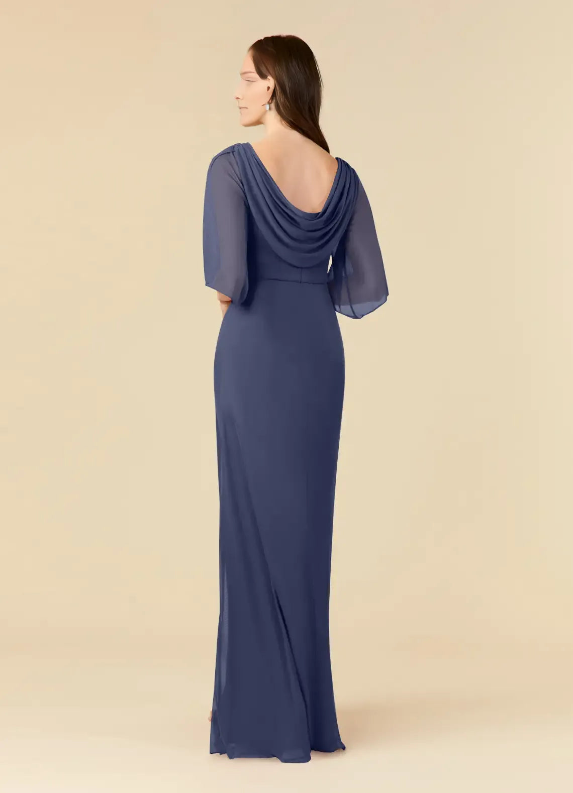 Navy Blue Mother of the Bride Dress with Sheer Flutter Sleeves Ruched Bodice Floral Embellishments and Mermaid Silhouette