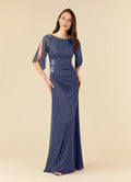 Navy Blue Mother of the Bride Dress with Sheer Flutter Sleeves Ruched Bodice Floral Embellishments and Mermaid Silhouette