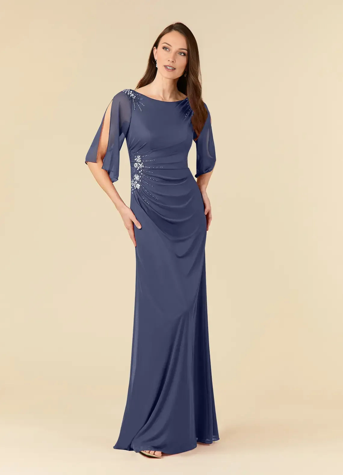 Navy Blue Mother of the Bride Dress with Sheer Flutter Sleeves Ruched Bodice Floral Embellishments and Mermaid Silhouette