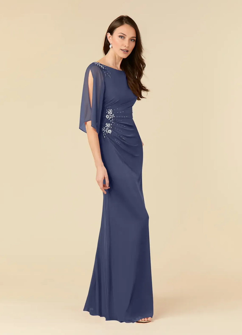 Navy Blue Mother of the Bride Dress with Sheer Flutter Sleeves Ruched Bodice Floral Embellishments and Mermaid Silhouette