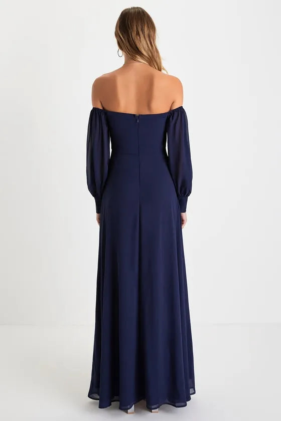 Navy Blue Off - Shoulder Prom Dress with Sheer Long Sleeves High Thigh Side Slit Flowy Skirt Perfect for Formal Galas