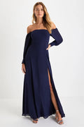 Navy Blue Off - Shoulder Prom Dress with Sheer Long Sleeves High Thigh Side Slit Flowy Skirt Perfect for Formal Galas