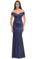 Navy Blue Off - Shoulder Evening Gown with Cross Draped Bodice and Mermaid Silhouette for Formal Occasions