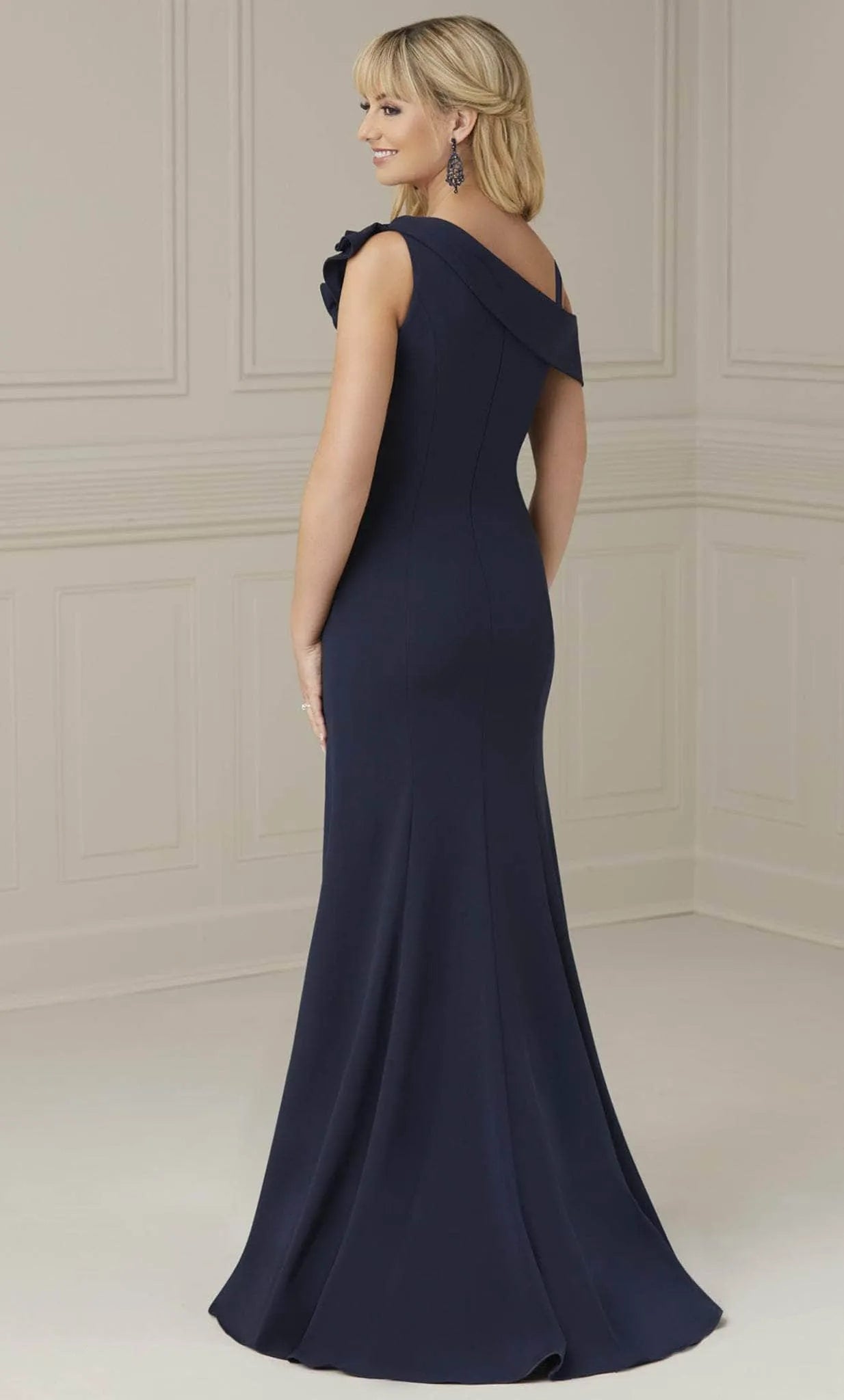 Navy Blue One - Shoulder Evening Dress with Asymmetric Ruffled Strap Bow Accent and Mermaid Silhouette for Elegant Occasions