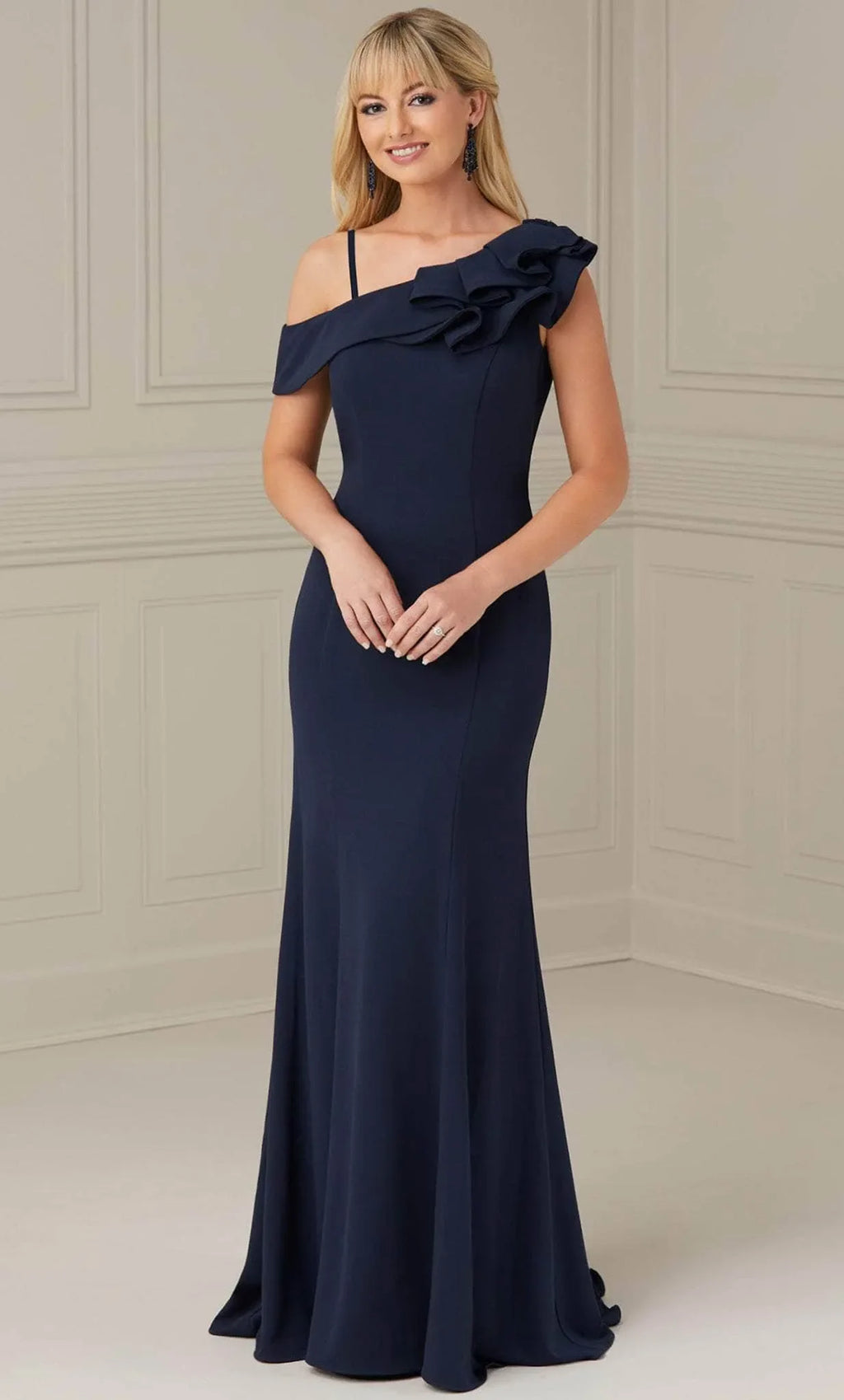 Navy Blue One - Shoulder Evening Dress with Asymmetric Ruffled Strap Bow Accent and Mermaid Silhouette for Elegant Occasions