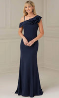 Navy Blue One - Shoulder Evening Dress with Asymmetric Ruffled Strap Bow Accent and Mermaid Silhouette for Elegant Occasions