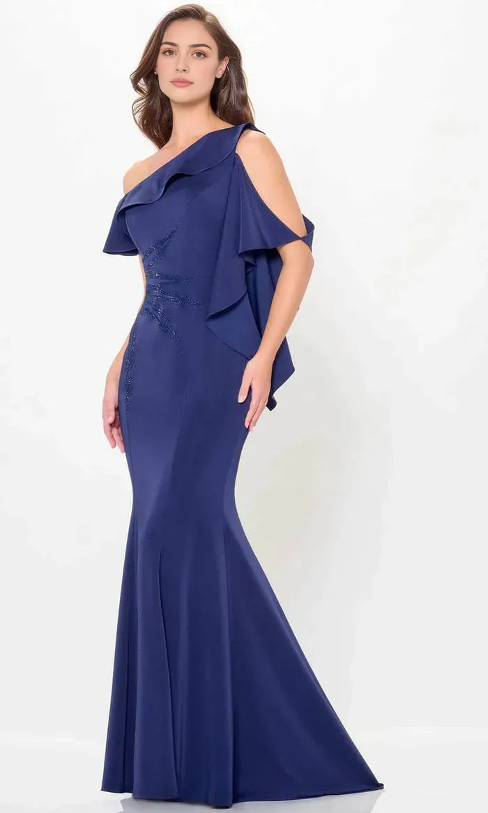 Navy Blue One - Shoulder Evening Gown with Asymmetric Ruffle Detail Embellishments and Mermaid Silhouette for Glamorous Occasions