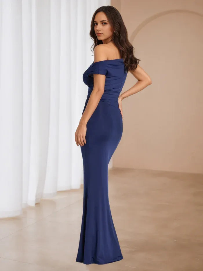 Elegant Navy-Blue Mermaid One-Shoulder Classic-Sleeve Classic-Back Floor-Length Prom Dress