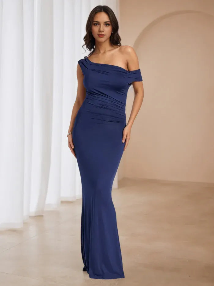 Elegant Navy-Blue Mermaid One-Shoulder Classic-Sleeve Classic-Back Floor-Length Prom Dress