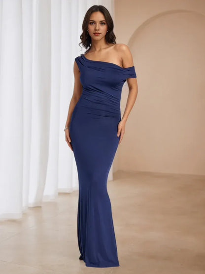 Elegant Navy-Blue Mermaid One-Shoulder Classic-Sleeve Classic-Back Floor-Length Prom Dress