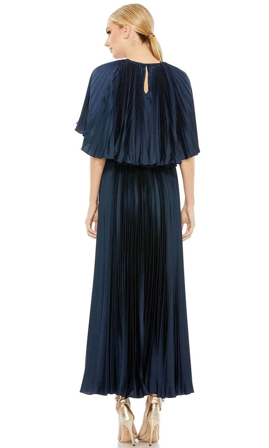 Elegant Navy-Blue Pleated A-Line Classic-Neck Classic-Sleeve Classic-Back Floor-Length Evening Dress