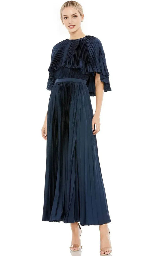 Elegant Navy-Blue Pleated A-Line Classic-Neck Classic-Sleeve Classic-Back Floor-Length Evening Dress