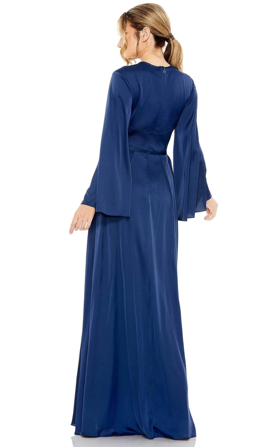 Navy Blue Evening Dress with Keyhole Neckline Bell Sleeves Waist Belt and High Thigh Slit for Glamorous Occasions