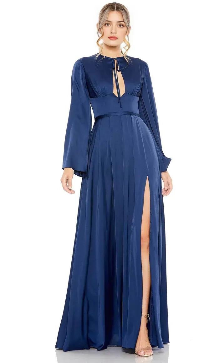 Navy Blue Evening Dress with Keyhole Neckline Bell Sleeves Waist Belt and High Thigh Slit for Glamorous Occasions