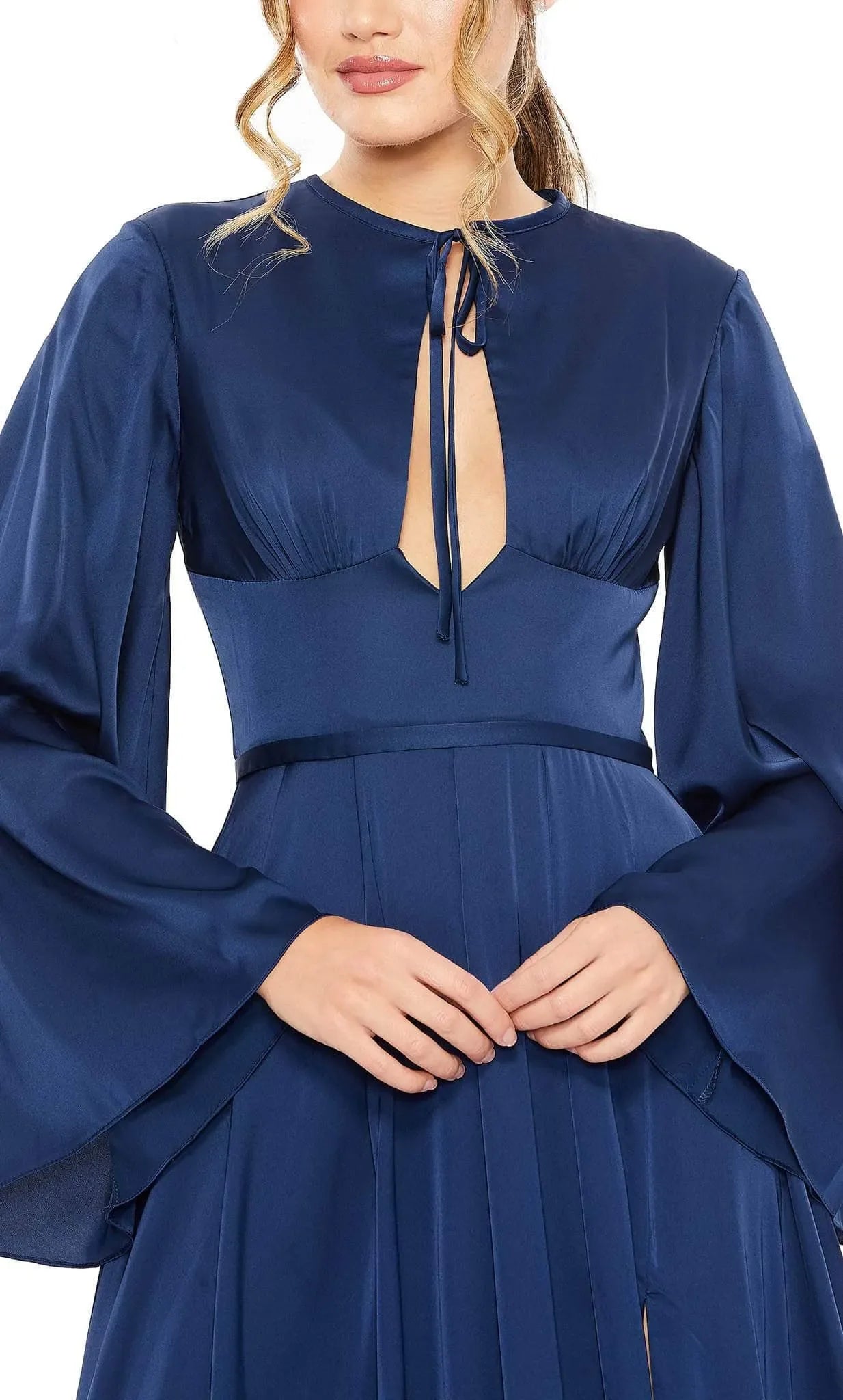 Navy Blue Evening Dress with Keyhole Neckline Bell Sleeves Waist Belt and High Thigh Slit for Glamorous Occasions