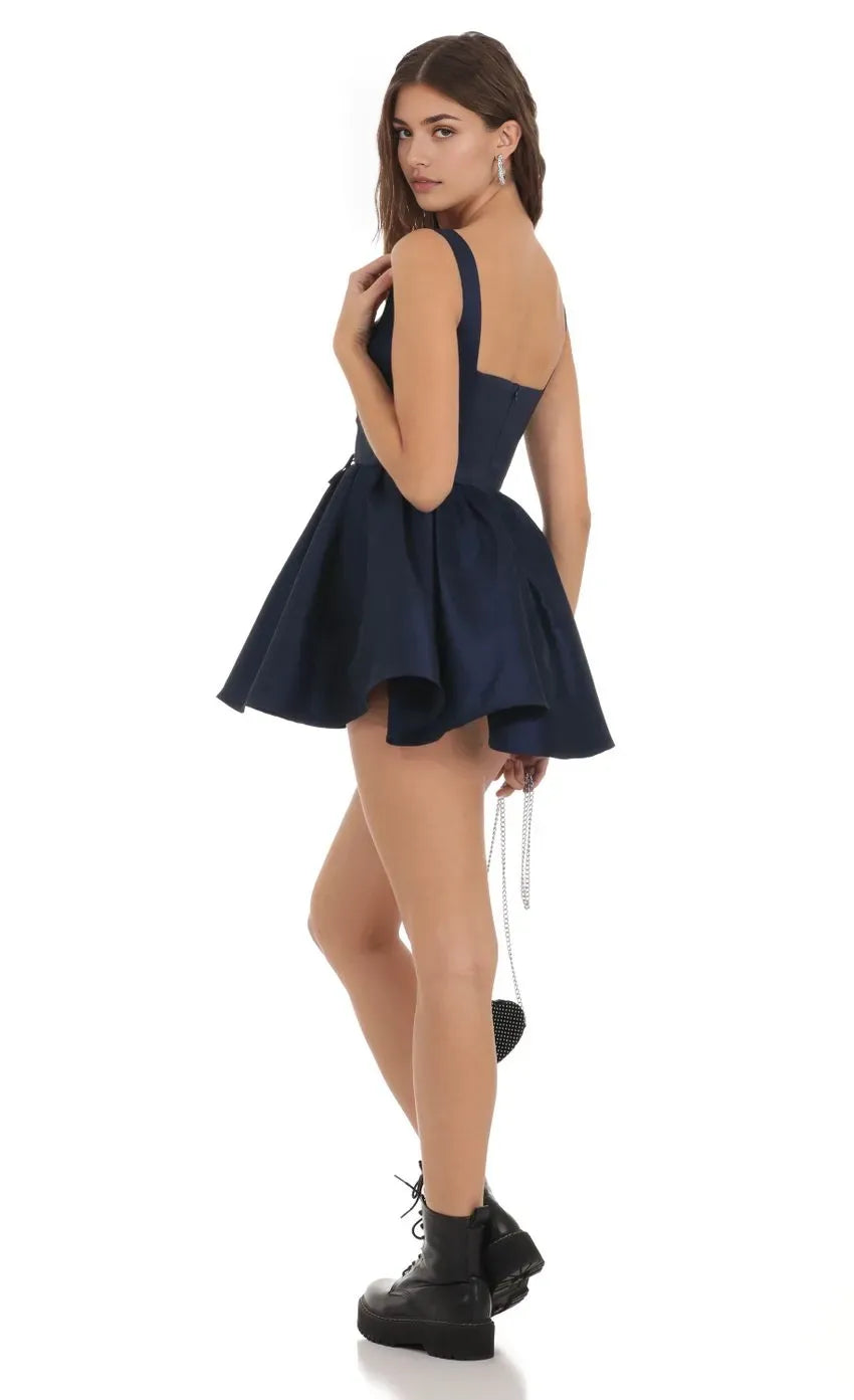 Navy Blue Homecoming Dress with Sweetheart Neckline Trim Corset Style Lacing and Flared Skirt