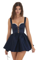 Navy Blue Homecoming Dress with Sweetheart Neckline Trim Corset Style Lacing and Flared Skirt