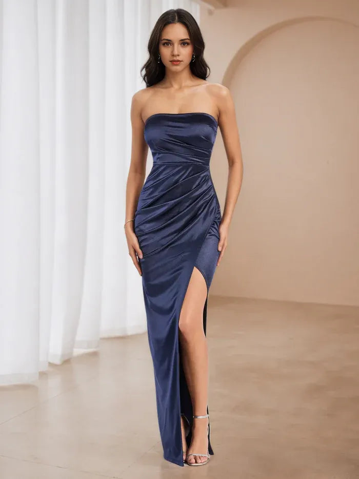 Navy Blue Strapless Prom Dress Ruched Detailing Side Slit for Timeless Gala Elegance