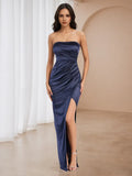 Navy Blue Strapless Prom Dress Ruched Detailing Side Slit for Timeless Gala Elegance