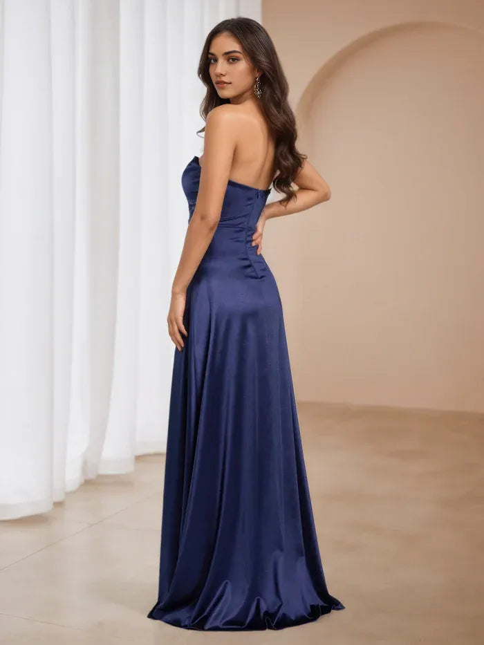 Navy Blue Strapless Prom Dress with High Slit Elegant Cowl Neck Evening Gown