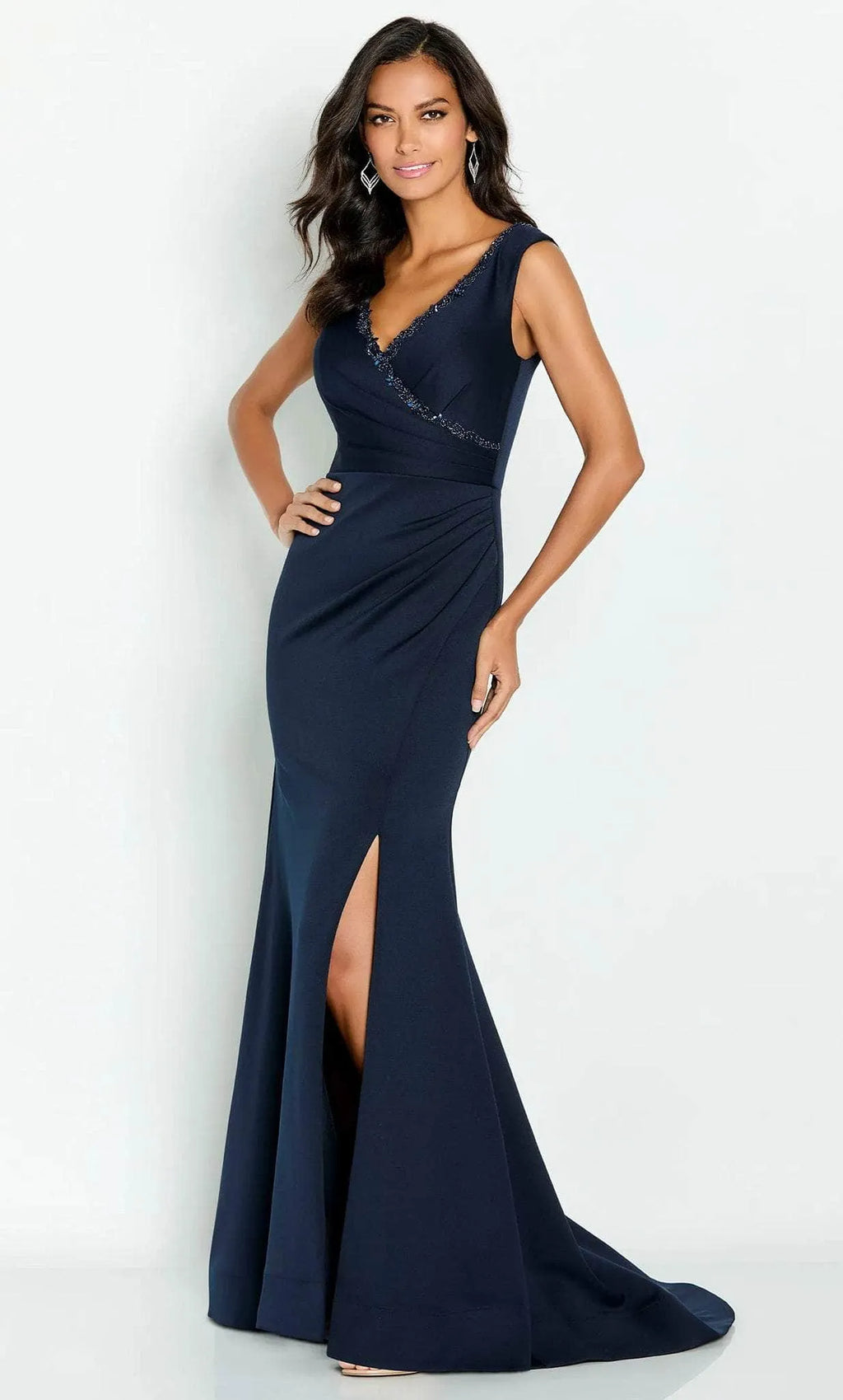 Navy Blue Sleeveless Evening Gown with V - Neckline Draped Bodice and Side Slit for Formal Occasions