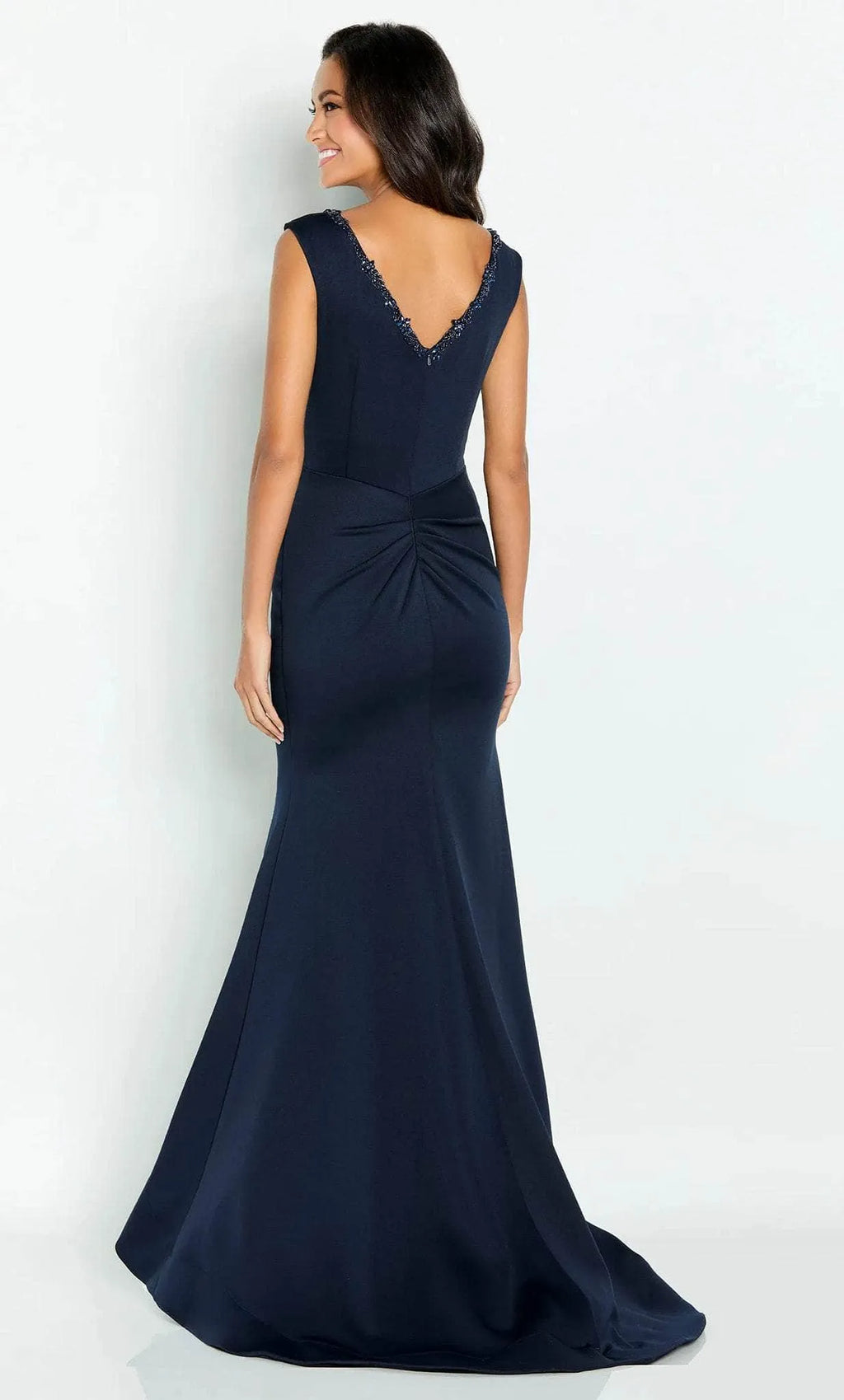 Navy Blue Sleeveless Evening Gown with V - Neckline Draped Bodice and Side Slit for Formal Occasions