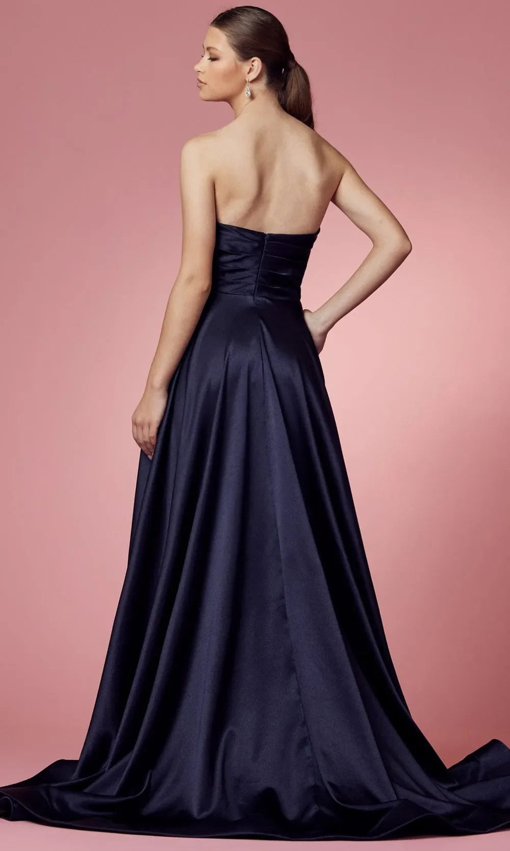 Navy Blue Strapless Evening Gown with Draped Bodice Side Slit and for Formal Occasions