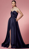 Navy Blue Strapless Evening Gown with Draped Bodice Side Slit and for Formal Occasions
