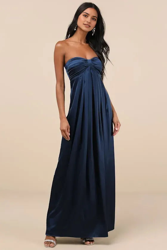 Navy Blue Strapless Prom Dress Bow Front Elegance Flowy Pleated Maxi Skirt A Timeless Choice for Balls Galas Memorable Formal Events