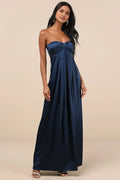 Navy Blue Strapless Prom Dress Bow Front Elegance Flowy Pleated Maxi Skirt A Timeless Choice for Balls Galas Memorable Formal Events