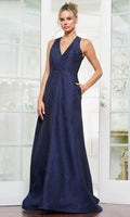 Navy Blue Textured Evening Gown with Cold Shoulder Design Bow Front Embellishment and Plunging V - Neck for Formal Occasions