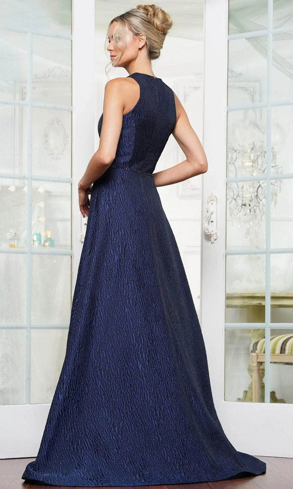 Navy Blue Textured Evening Gown with Cold Shoulder Design Bow Front Embellishment and Plunging V - Neck for Formal Occasions