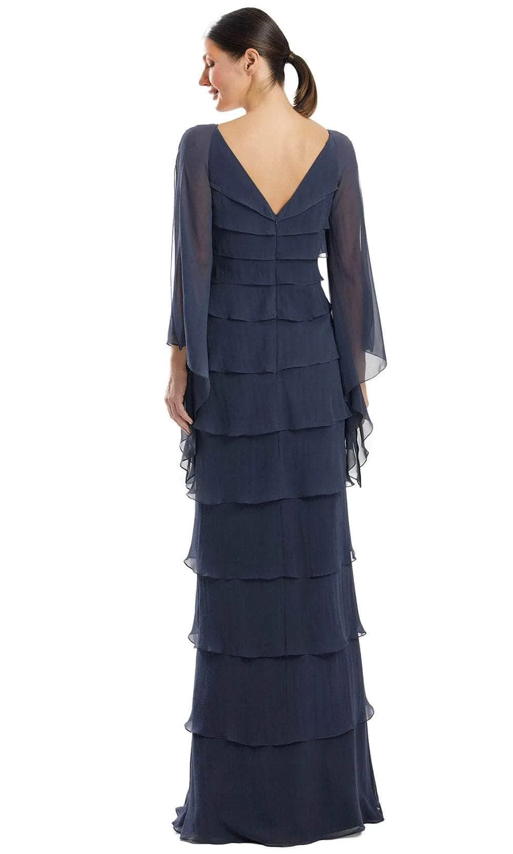 Navy Blue Tiered Evening Gown with V - Neckline Sheer Flutter Sleeves Intricate Embellishment and Ruffled Layered Skirt for Formal Galas Mother - of - the - Bride Events