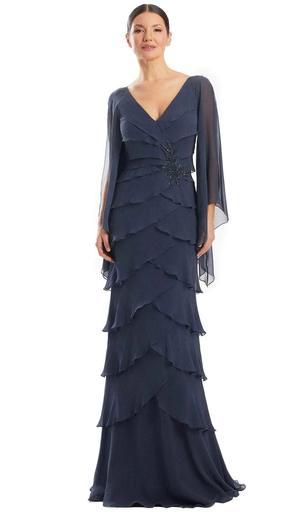 Navy Blue Tiered Evening Gown with V - Neckline Sheer Flutter Sleeves Intricate Embellishment and Ruffled Layered Skirt for Formal Galas Mother - of - the - Bride Events