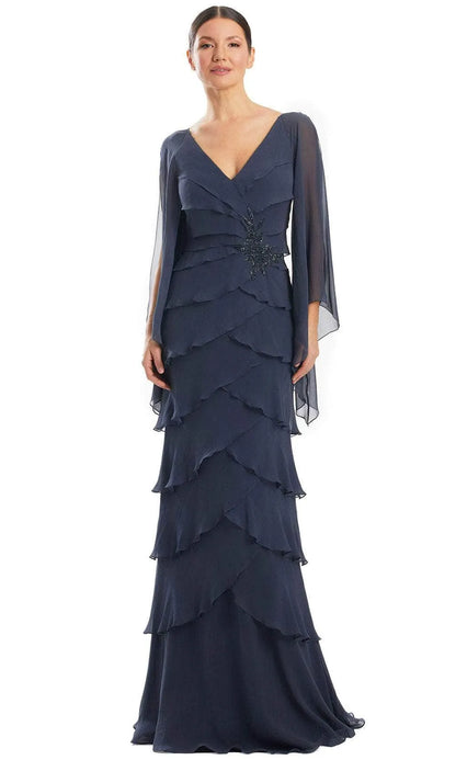 Elegant Navy-Blue Ruffled A-Line V-Neck Classic-Sleeve Classic-Back Floor-Length Mother-of-the-Bride Dress