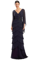 Navy Blue Tiered Evening Gown with V - Neckline Sheer Flutter Sleeves Intricate Embellishment and Ruffled Layered Skirt for Formal Galas Mother - of - the - Bride Events