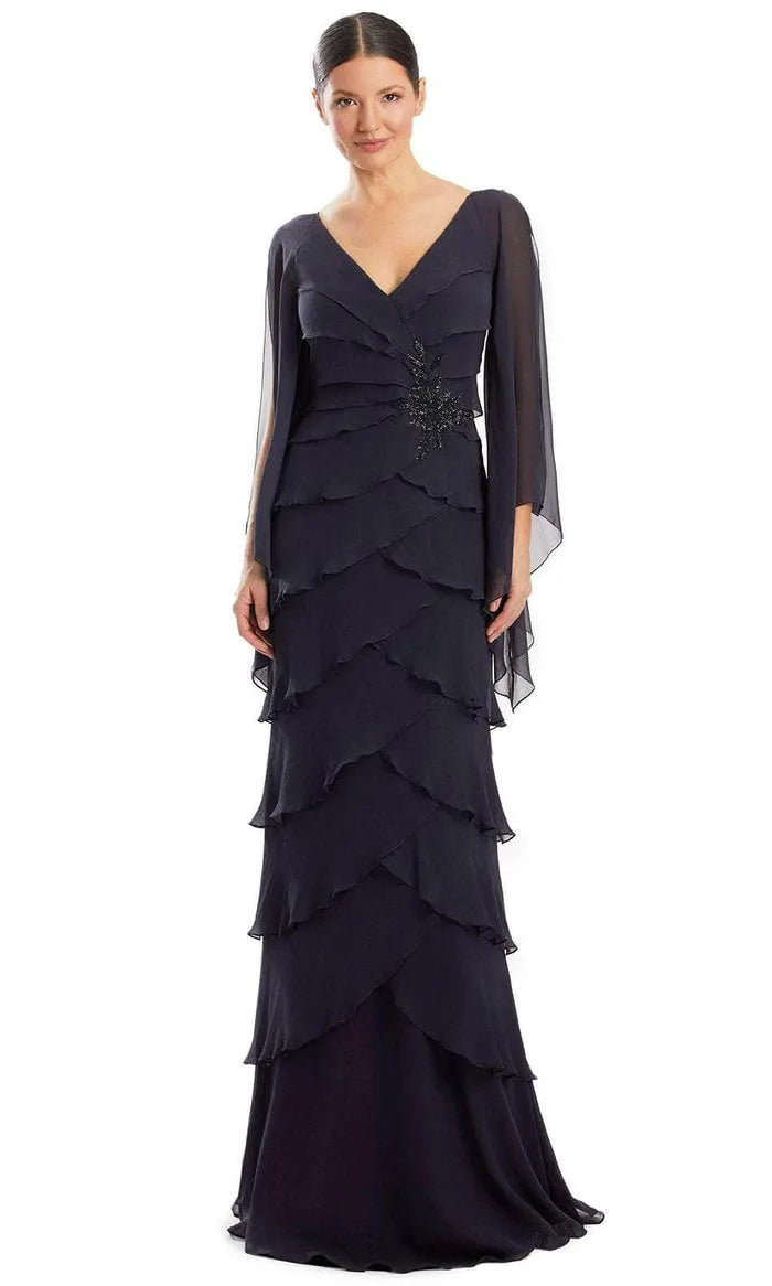 Navy Blue Tiered Evening Gown with V - Neckline Sheer Flutter Sleeves Intricate Embellishment and Ruffled Layered Skirt for Formal Galas Mother - of - the - Bride Events