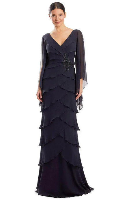 Elegant Navy-Blue Ruffled A-Line V-Neck Classic-Sleeve Classic-Back Floor-Length Mother-of-the-Bride Dress