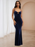 Navy Blue Prom Dress Plunge Neckline Double Spaghetti Straps Cut - Out Detail for Timeless Gala Elegance