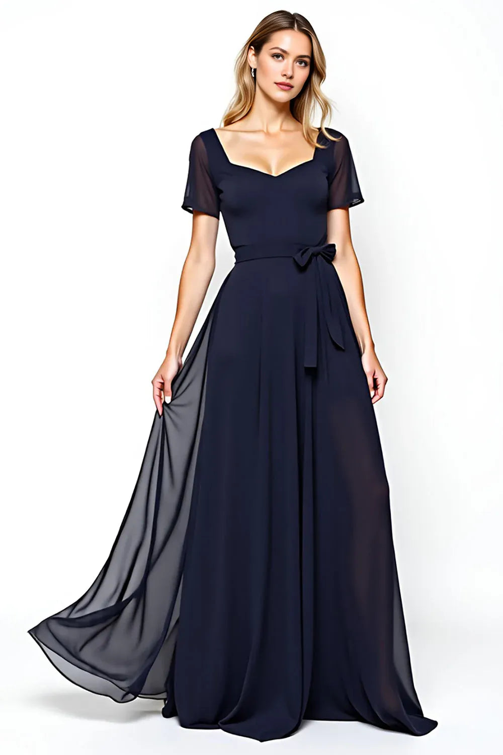 Navy Square Neck Mother of the Bride Dress with Short Sleeves