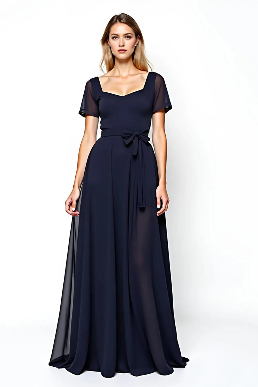 Navy Square Neck Mother of the Bride Dress with Short Sleeves