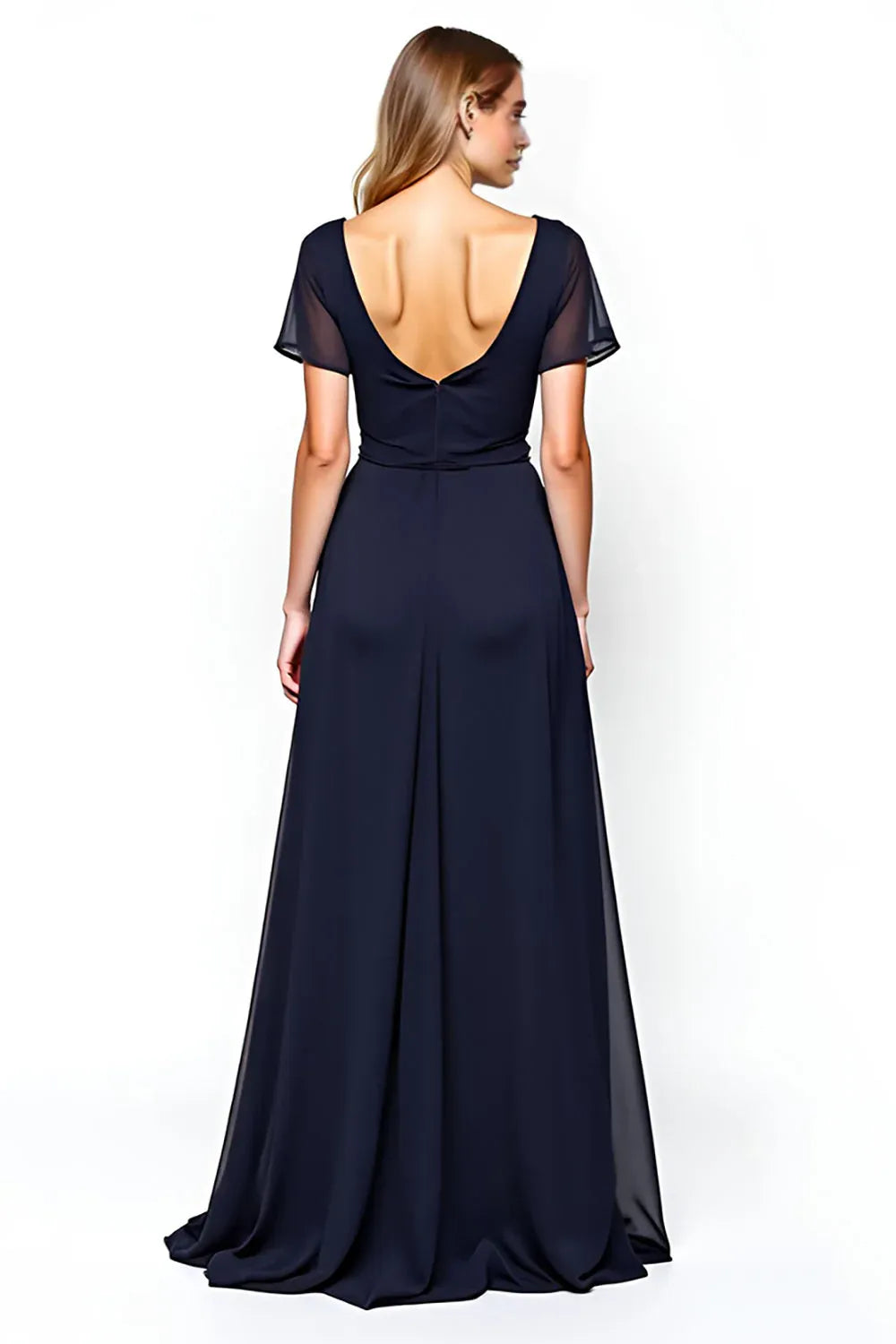 Navy Square Neck Mother of the Bride Dress with Short Sleeves