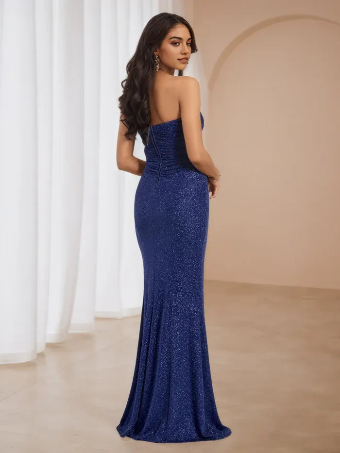 Navy Glitter Strapless Mermaid Gown Side Slit Ruched Detail for Enchanting Prom Nights