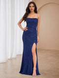 Navy Glitter Strapless Mermaid Gown Side Slit Ruched Detail for Enchanting Prom Nights