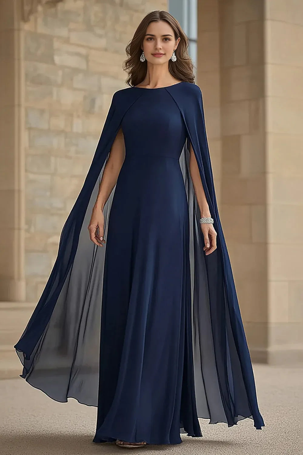 Navy Scoop Neck Mother of the Bride Dress with Cape